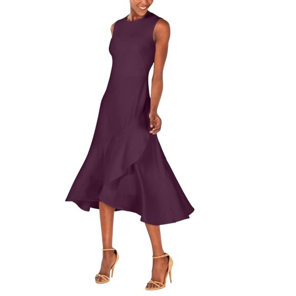Calvin Klein Sleeveless Fluted Midi Dress Plum Size 14 NWT Minimalist Holiday - Picture 1 of 13